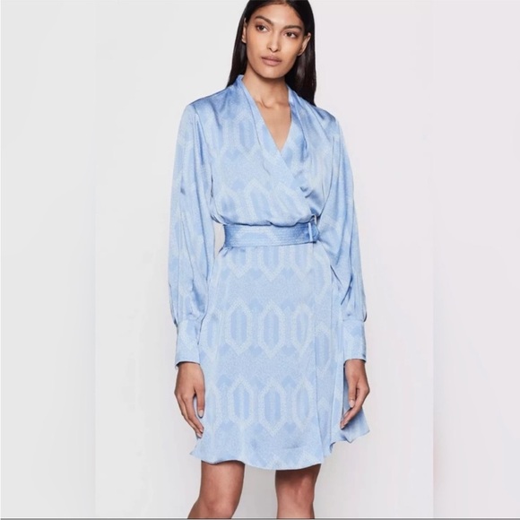 NWOT Equipment Fanetta Geo Printed Blue Long Sleeve Belted Wrap Dress 6 MSRP$425 - Picture 8 of 12